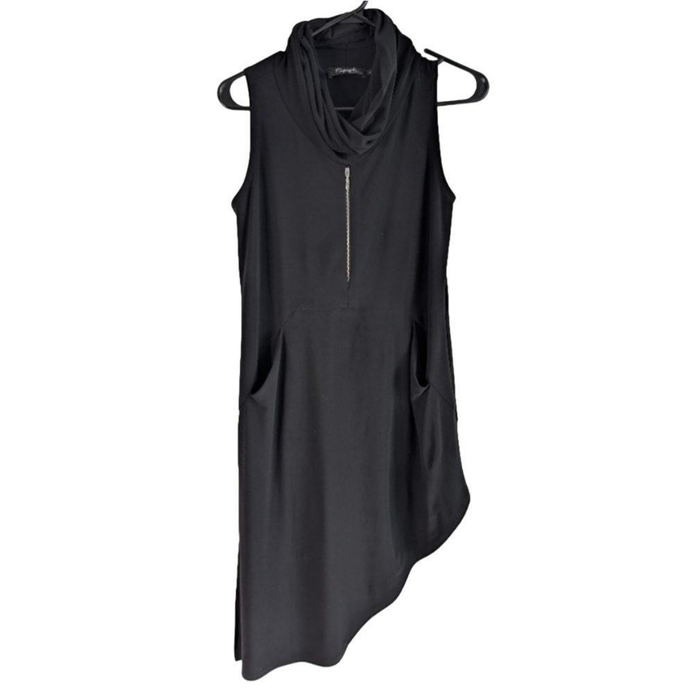 Sympli Women's Size 6 Black Sleeveless Cowl Neck Asymmetrical Stretchy Dress